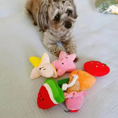 Small dog with plush squeaky dog chew toy fruit assortment for bite-resistant play and training