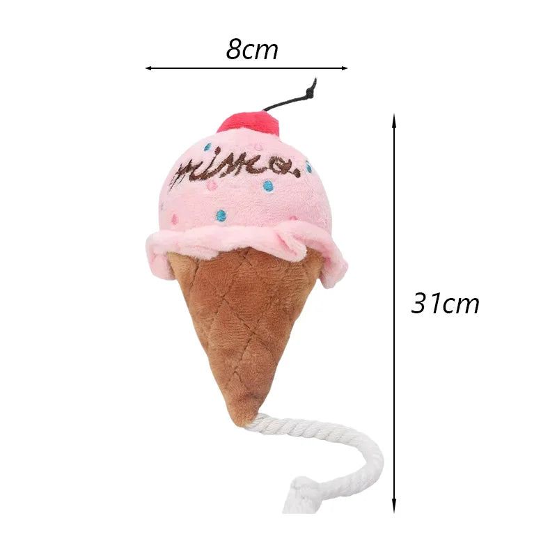 plush squeaky dog chew toy ice cream shape for small dogs, bite resistant pet plush toy with rope, 31cm