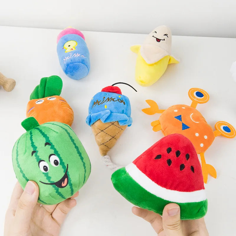 Colorful plush squeaky dog chew toy set for small dogs, including fruit-shaped bite resistant pet toys