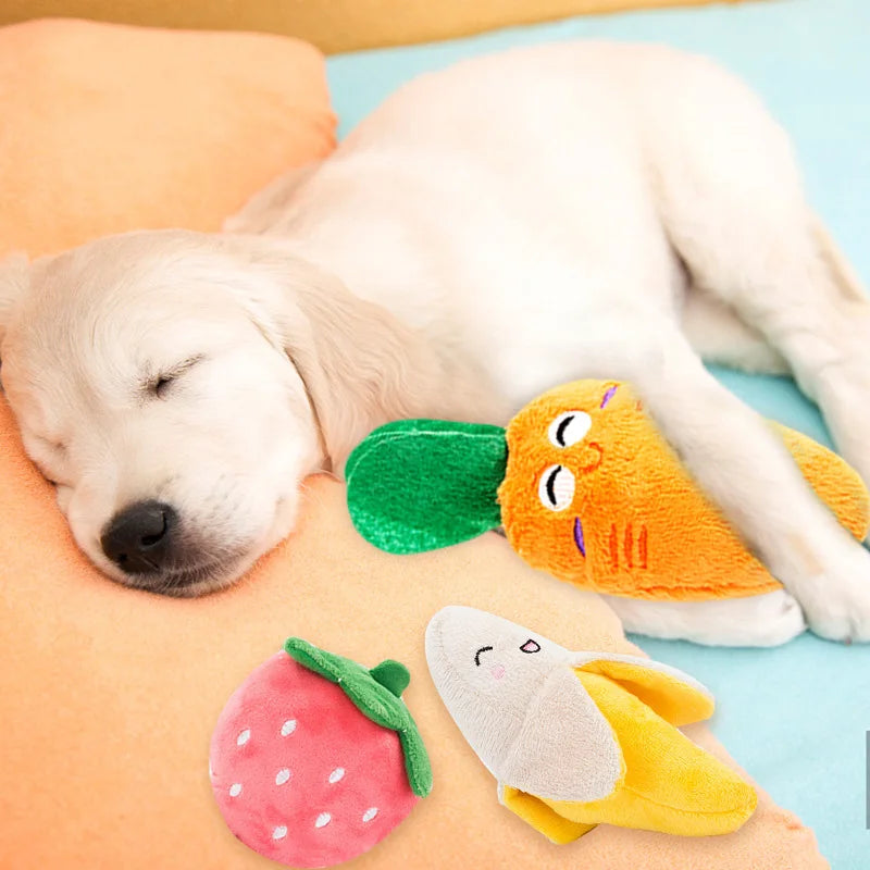 Sleeping puppy with plush squeaky dog chew toy fruit toys for small and medium dogs