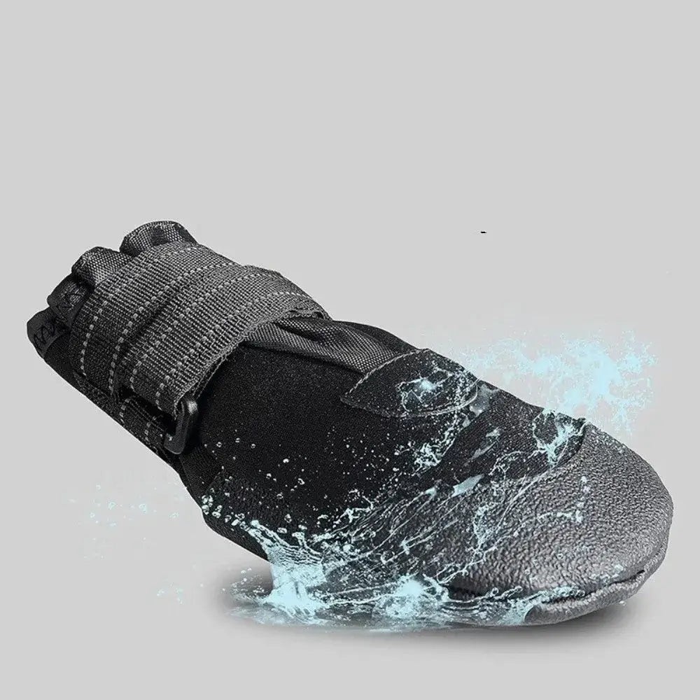 Adjustable waterproof dog boots splashing through water showing durability and waterproof features.