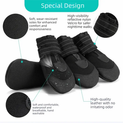 Adjustable waterproof dog boots with wear-resistant soles and reflective straps for safety during outdoor activities.
