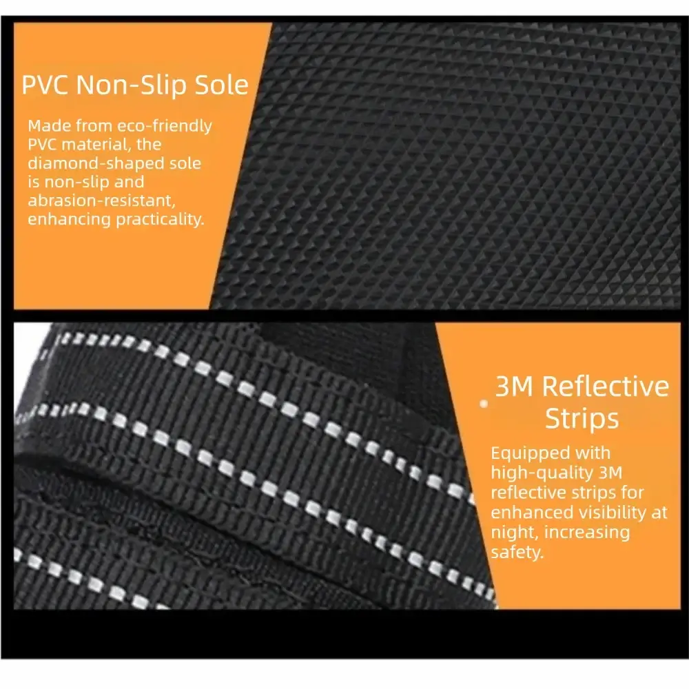Adjustable waterproof dog boots featuring PVC non-slip sole and 3M reflective strips for safety at night.