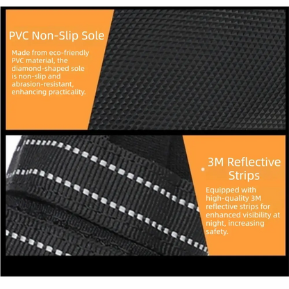 Adjustable waterproof dog boots featuring PVC non-slip sole and 3M reflective strips for safety at night.