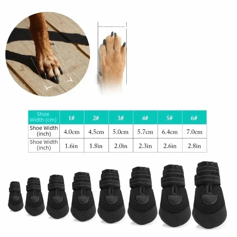 Adjustable waterproof dog boots sizes chart showing shoe width for various sizes and a dog&