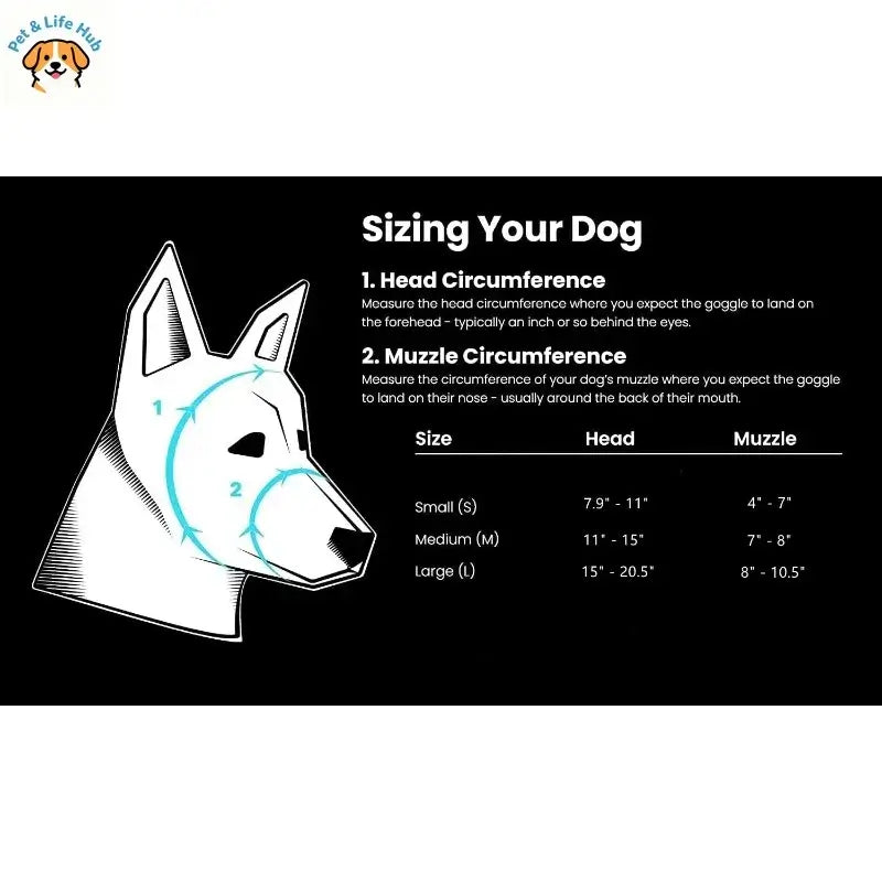 adjustable dog goggles sizing guide for head and muzzle circumference, breathable anti-UV pet sunglasses
