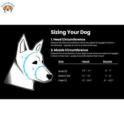 adjustable dog goggles sizing guide for head and muzzle circumference, breathable anti-UV pet sunglasses