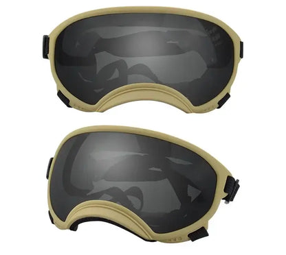 Khaki and black adjustable dog goggles with anti-UV, windproof, dustproof lenses for small and large breed dogs