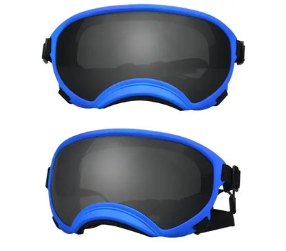 Blue and black adjustable dog goggles with anti-UV, wind and dust proof lenses for small and large breed dogs