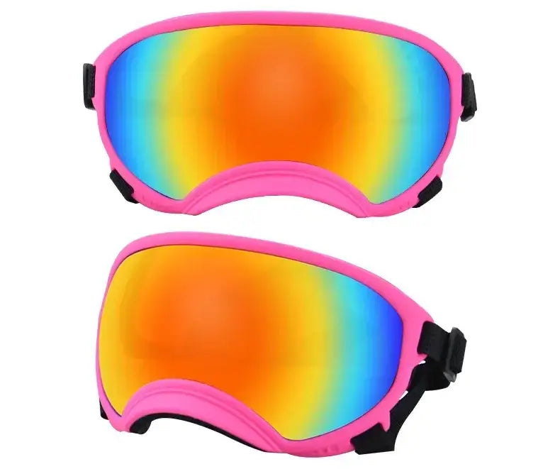 Pink adjustable dog goggles with rainbow lenses, anti-UV wind dust proof, breathable impact-resistant pet sunglasses for dogs