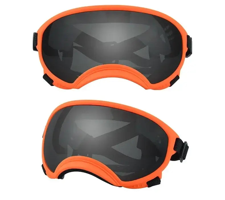 Orange and black adjustable dog goggles with anti-UV, windproof, dustproof lenses for small and large breed dogs