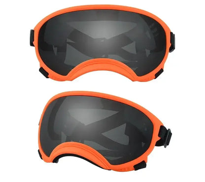 Orange and black adjustable dog goggles with anti-UV, windproof, dustproof lenses for small and large breed dogs