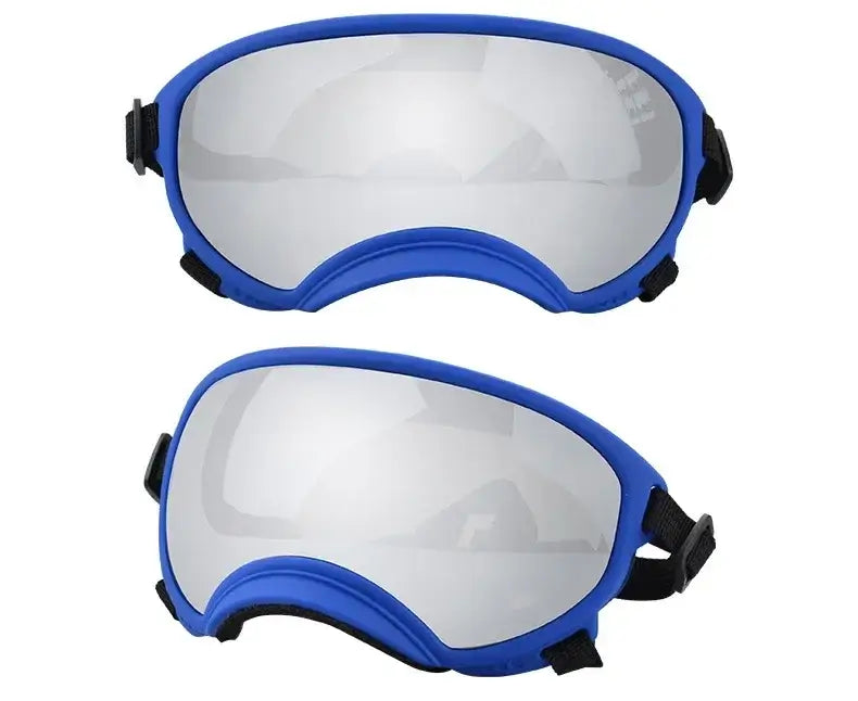 Blue and silver adjustable dog goggles with anti-UV, wind and dust proof breathable lenses for small and large breed dogs