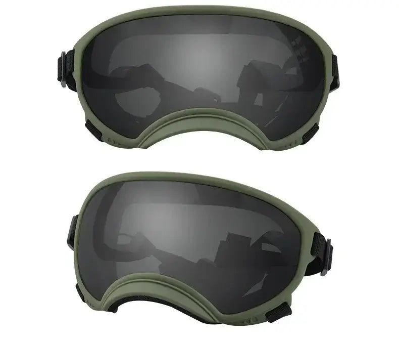 Green and black adjustable dog goggles with anti-UV, wind dust proof, and impact-resistant breathable lenses for small and large dogs