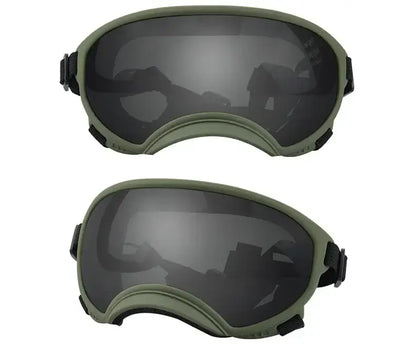 Green and black adjustable dog goggles with anti-UV, wind dust proof, and impact-resistant breathable lenses for small and large dogs