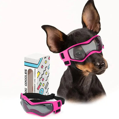 Adjustable dog sunglasses for small breeds, pink UV protection pet goggles for outdoor riding and driving