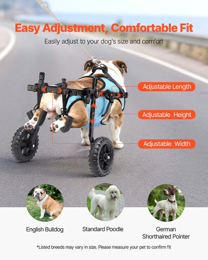 Adjustable dog wheelchair for back legs providing easy adjustment for a comfortable fit for various dog breeds.