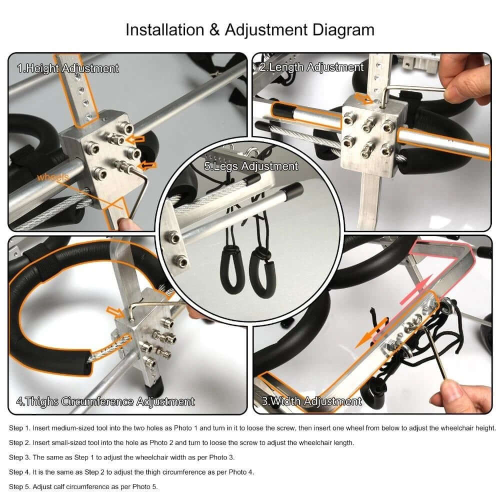 Installation and adjustment guide for adjustable dog wheelchair with height, length, width, and legs adjustments.