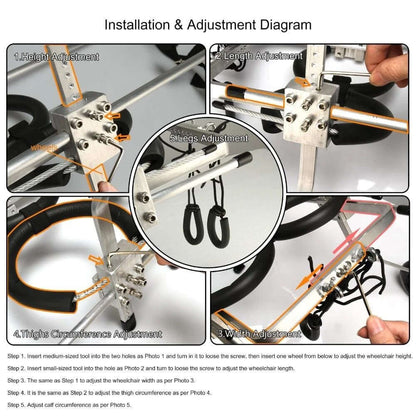 Installation and adjustment guide for adjustable dog wheelchair with height, length, width, and legs adjustments.