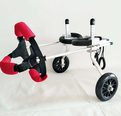 adjustable dog wheelchair with red padded supports for pets, designed for mobility and comfort in small sizes.