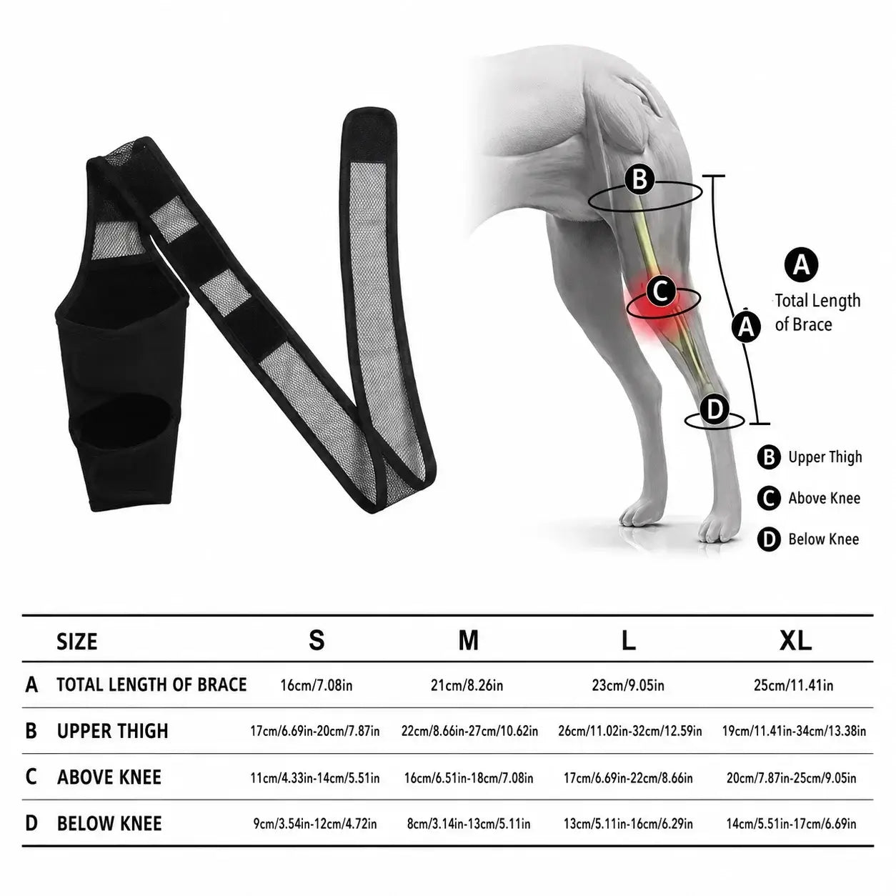 Size guide for a dog leg brace, featuring measurement points for total length, upper thigh, above knee, and below knee.