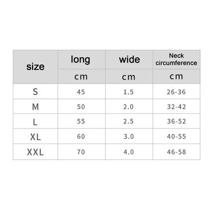 Size chart for Dog Collars, Nylon, Adjustable Dog Neck Circle, measuring length, width, and neck circumference.