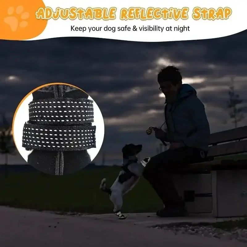 Adjustable reflective strap for dogs, enhancing visibility and safety during night walks.
