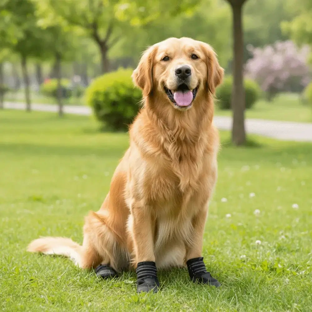 Golden retriever wearing adjustable waterproof dog boots sitting on grass in a park.