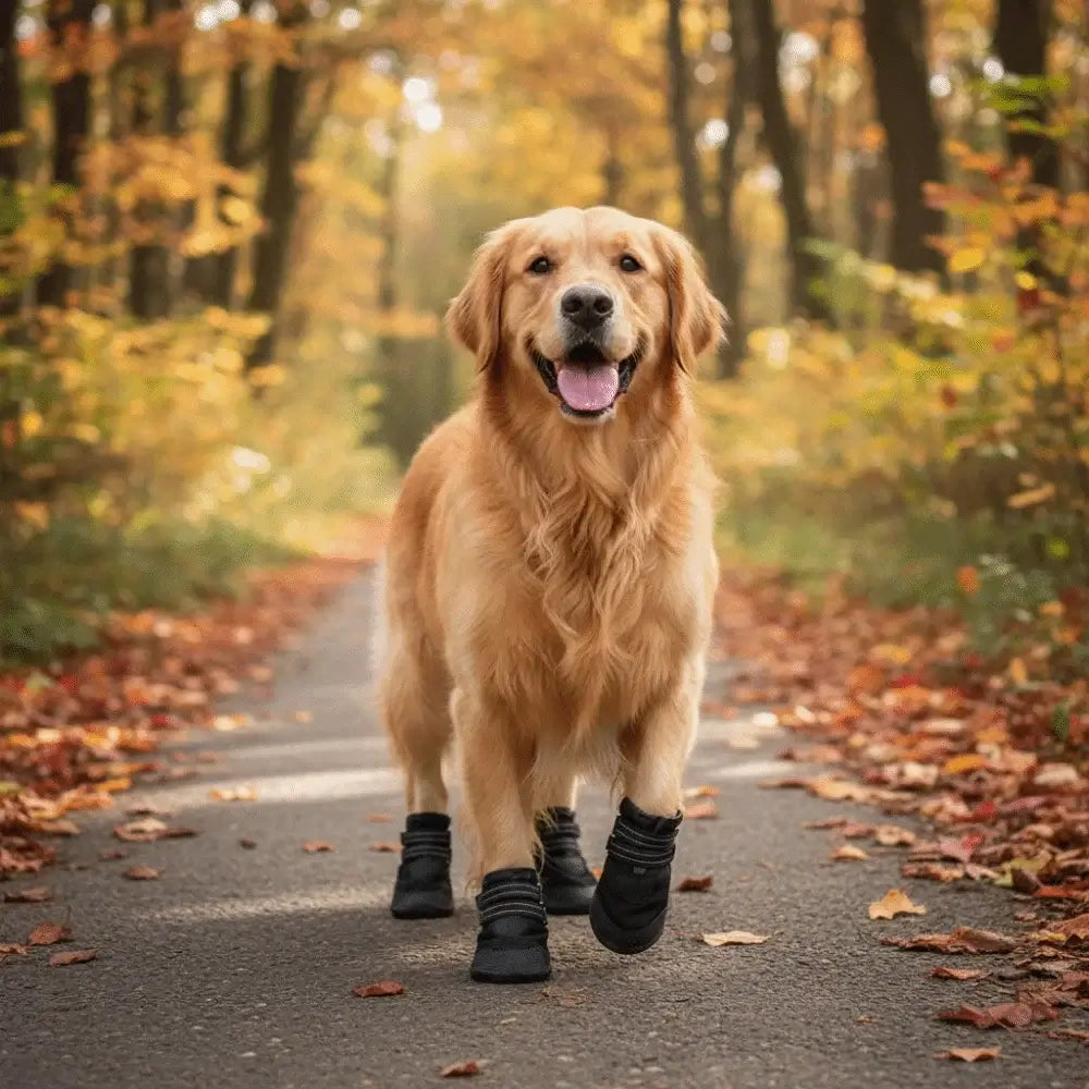 Golden Retriever wearing adjustable waterproof dog boots on a forest path surrounded by autumn leaves.