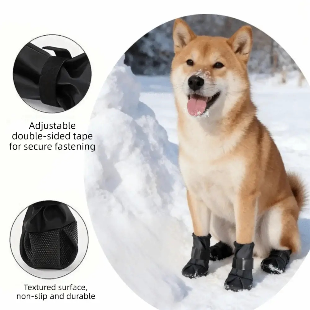 Adjustable waterproof dog boots on happy dog in snow, showcasing secure fastening and durable anti-slip design.