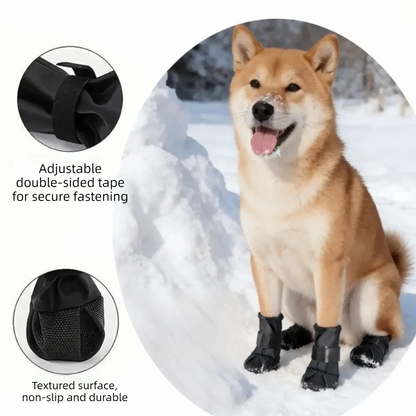 Adjustable waterproof dog boots on happy dog in snow, showcasing secure fastening and durable anti-slip design.