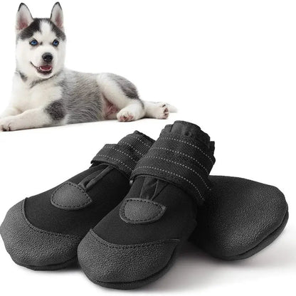 Adjustable waterproof dog boots displayed next to a playful husky, showcasing wear-resistant and comfortable design.