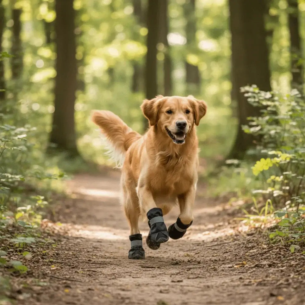 Golden retriever running in the woods wearing adjustable waterproof dog boots on a sunny day.