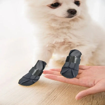 Adjustable waterproof dog boots on a small white dog, showing their anti-slip features and comfort.
