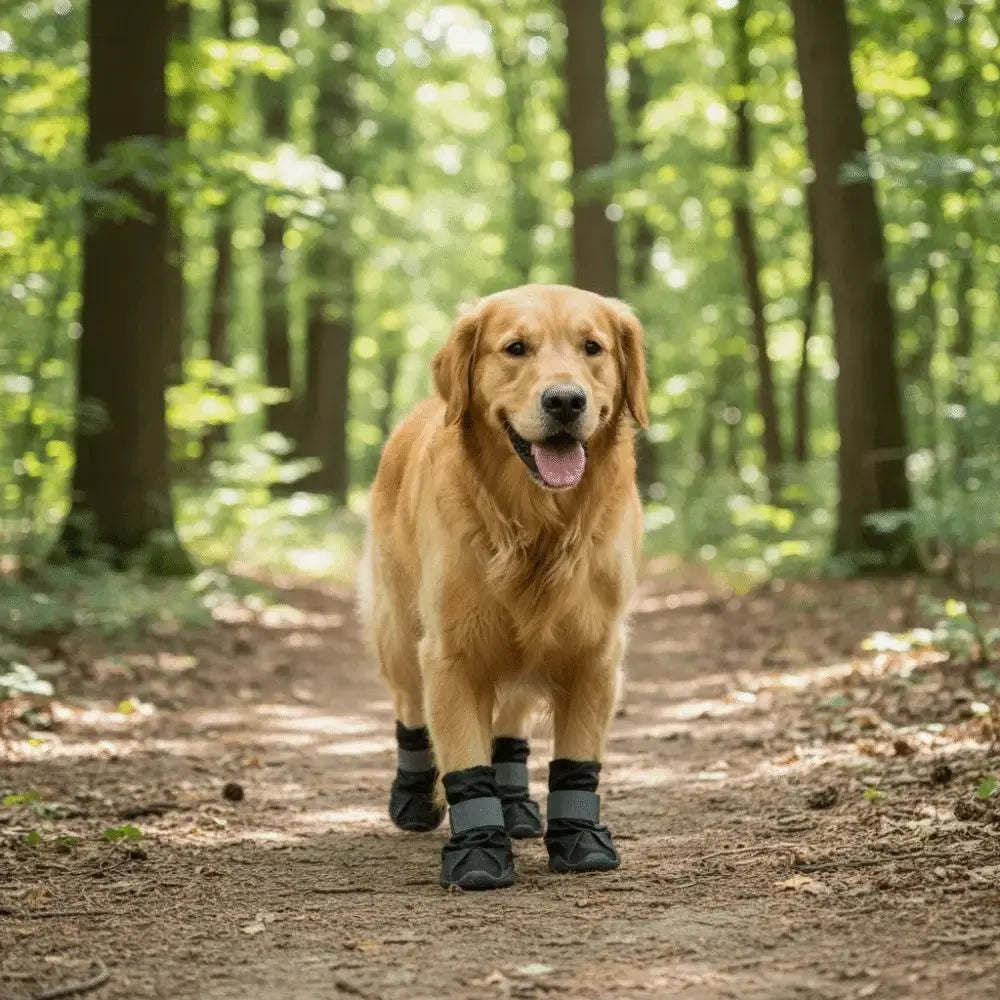 Golden retriever wearing adjustable waterproof dog boots walking on a forest trail surrounded by trees.