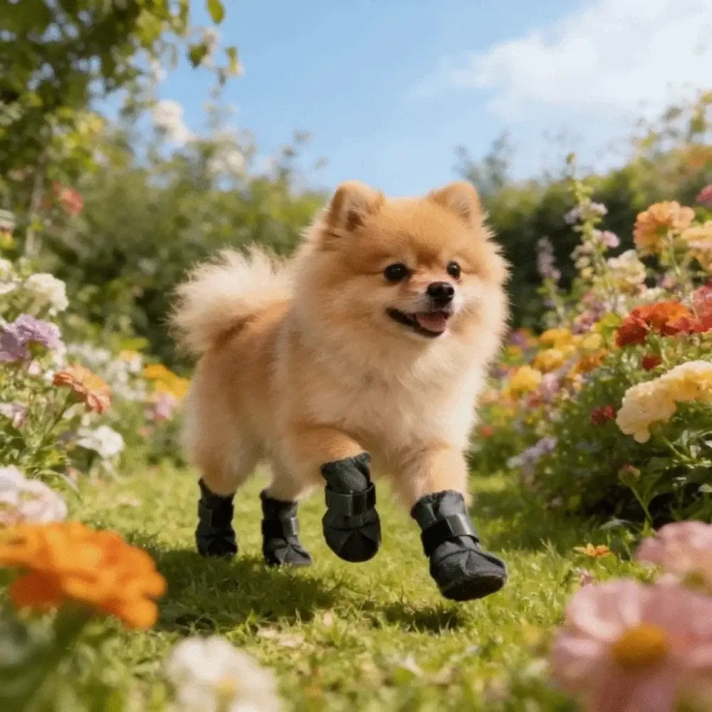 Happy dog wearing adjustable waterproof dog boots running in a colorful flower garden