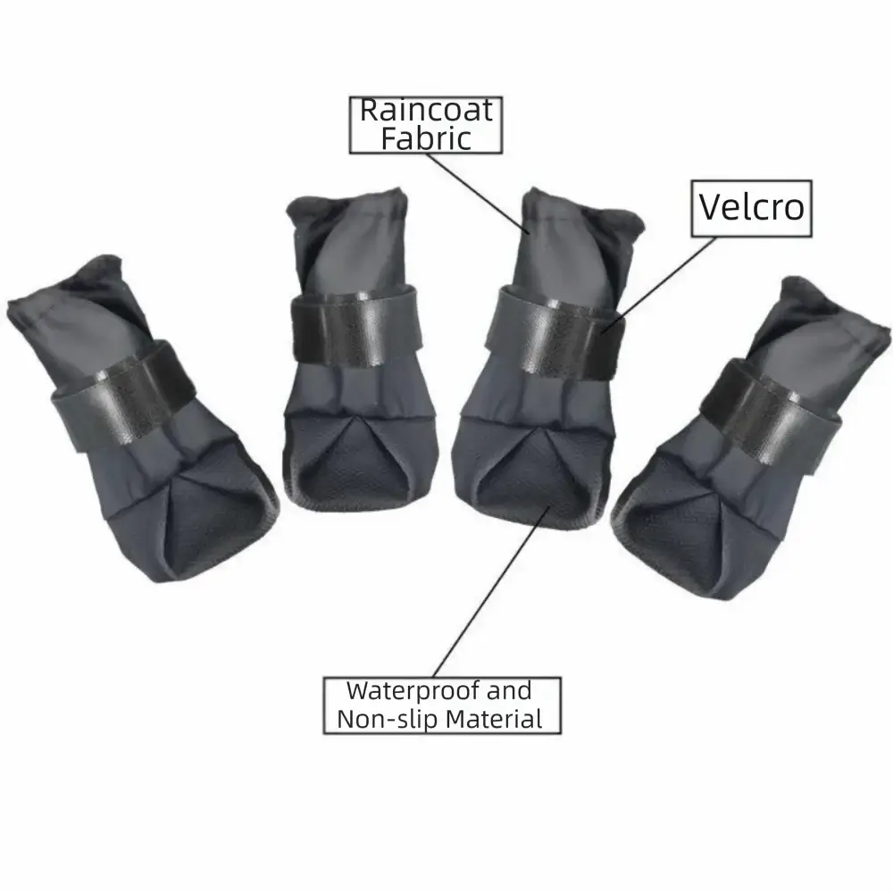 4PCS/SET adjustable waterproof dog boots made of raincoat fabric with Velcro and waterproof non-slip material.