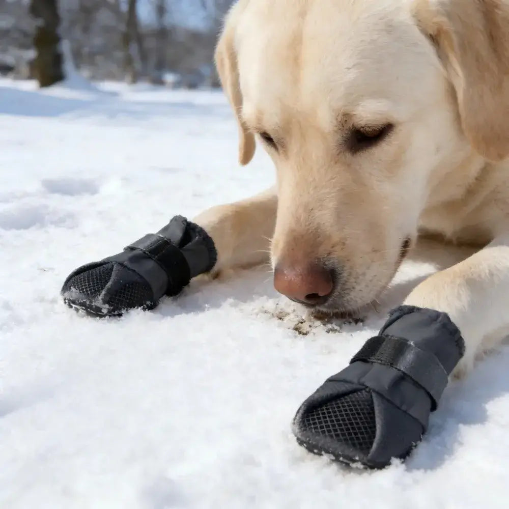 A yellow Labrador wearing adjustable waterproof dog boots resting on snow-covered ground outdoors.