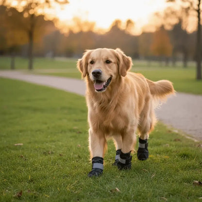 Golden retriever walking on grass wearing adjustable waterproof dog boots during sunset.