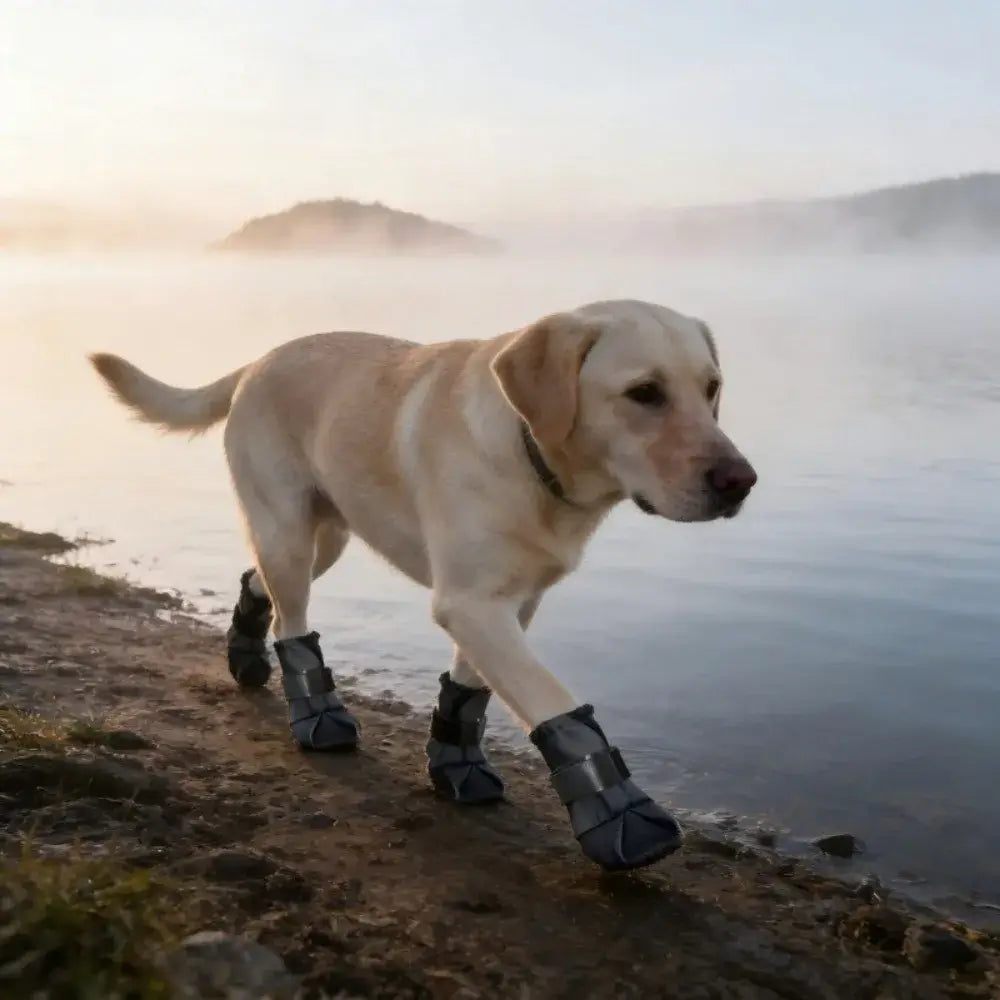 Dog wearing adjustable waterproof dog boots while walking by the water in a scenic outdoor environment.