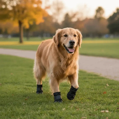 Golden retriever wearing adjustable waterproof dog boots while walking on grass in a park.