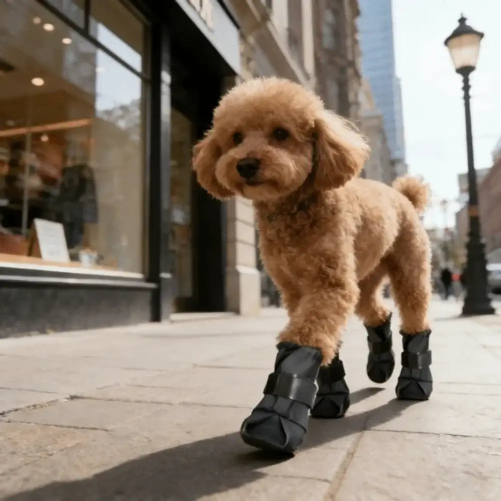 Cute dog wearing adjustable waterproof dog boots walking on city street.