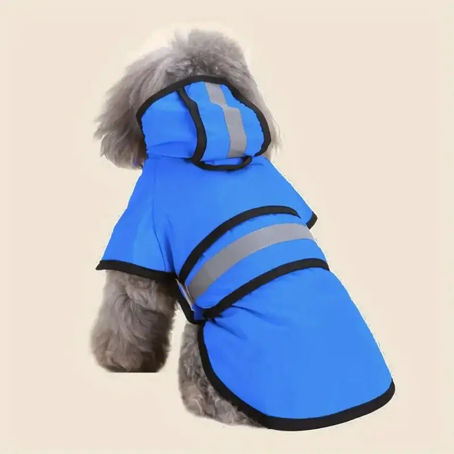 Blue adjustable waterproof dog raincoat with hood and reflective stripes to keep pets dry and comfortable in wet, windy weather.