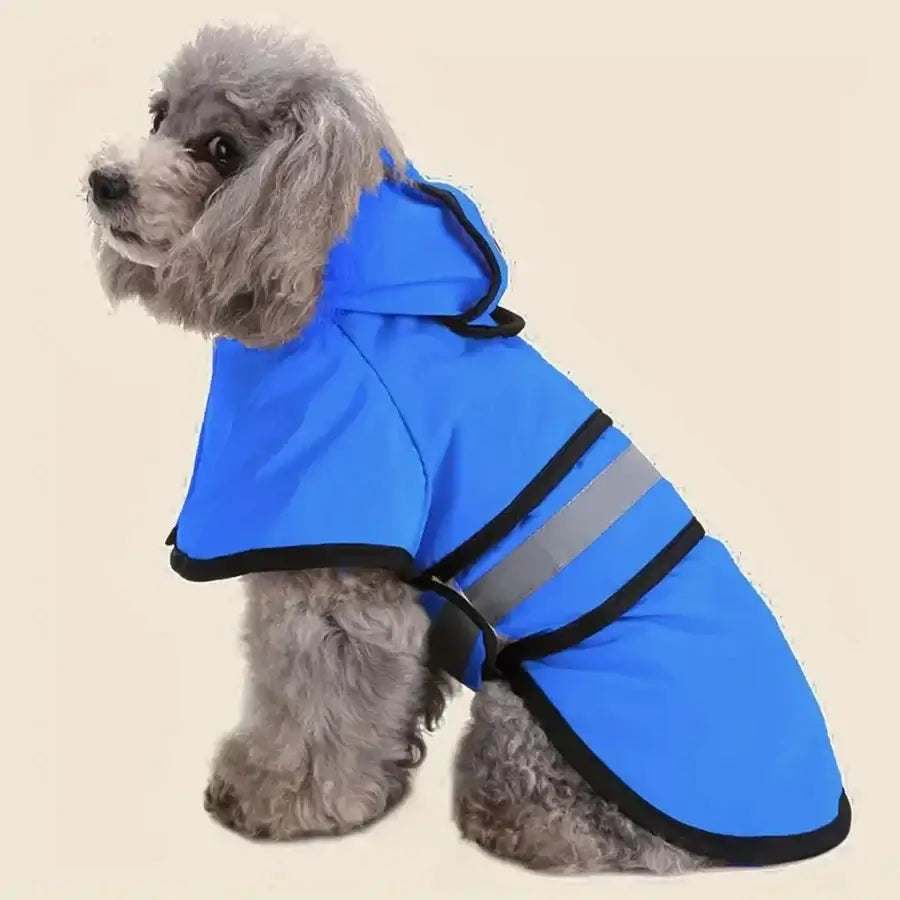 Blue adjustable waterproof dog raincoat for dogs, windproof polyester hooded pet rain jacket with reflective stripes