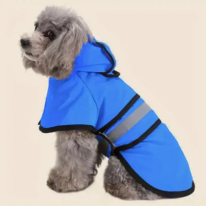 Blue adjustable waterproof dog raincoat for dogs, windproof polyester hooded pet rain jacket with reflective stripes