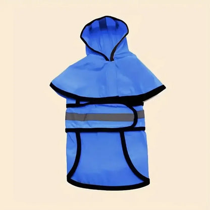 Blue adjustable waterproof dog raincoat with hood and reflective waist strap for keeping dogs dry and comfortable in wet weather