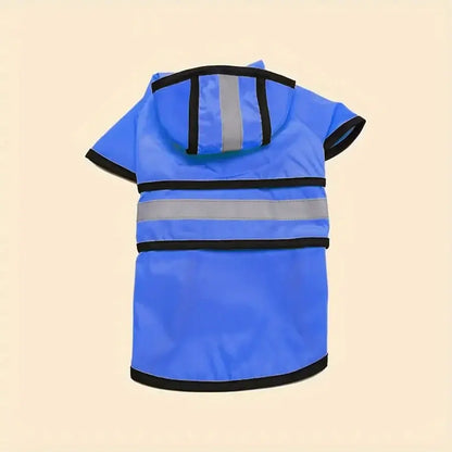 Blue adjustable waterproof dog raincoat with reflective stripes, hood, and windproof design for keeping pets dry and comfortable