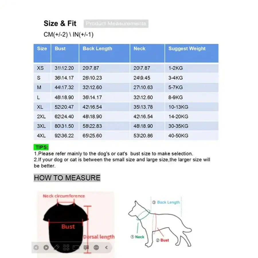 Adjustable waterproof dog raincoat size chart with dog measurements for bust, back length, neck, and weight