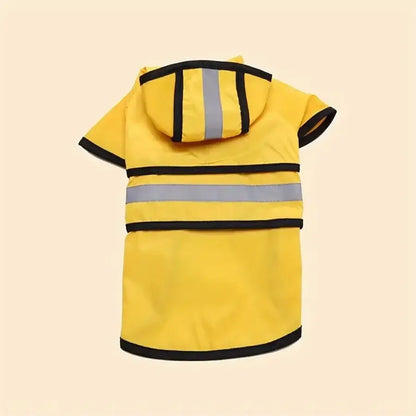 Yellow adjustable waterproof dog raincoat with hood, reflective stripes, and windproof design for keeping pets dry and comfortable