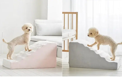 Adorable small dog using anti-slip dog stairs for small dogs in a stylish home setting.
